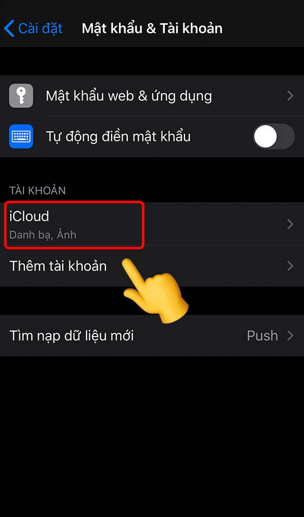 Chọn iCloud tại giao diện mật khẩu và tài khoản