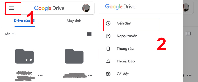 Mở ứng dụng Drive trên điện thoại và chọn biểu tượng ba dấu gạch ngang