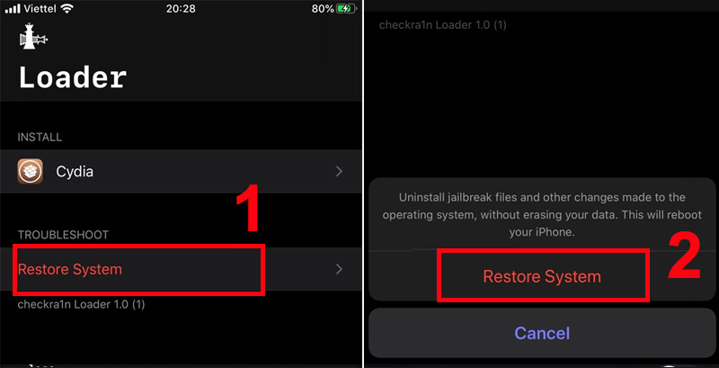 Nhấn vào Restore System để xoá jailbreak và khôi phục tệp hệ thống